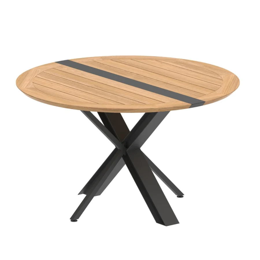Distinguished Royal Botania Traverse table with teak wood top and dark gray accent in coated aluminum construction
