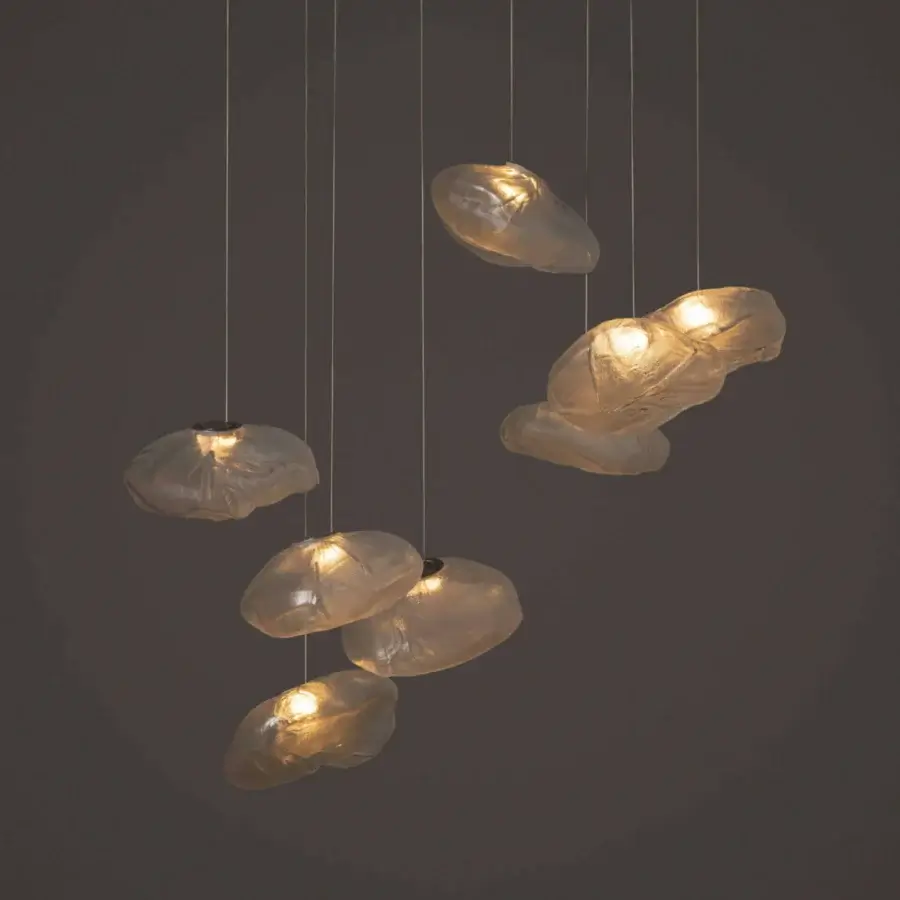 Exceptional Bocci 73 suspension lamp with hand-blown glass pendants nestled within folded ceramic fabric and warm beige finish