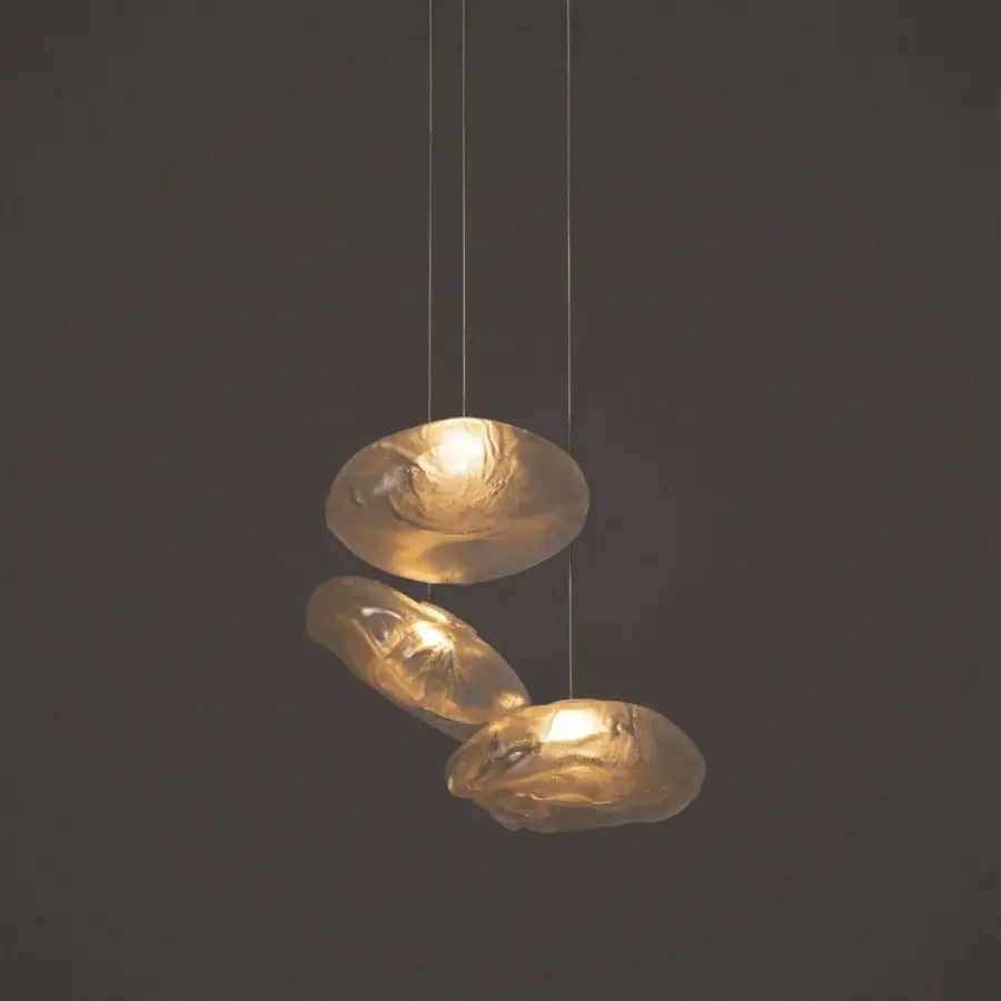 Superior Bocci 73 suspension lamp with organically shaped hand-blown glass pendants nestled within folded ceramic fabric
