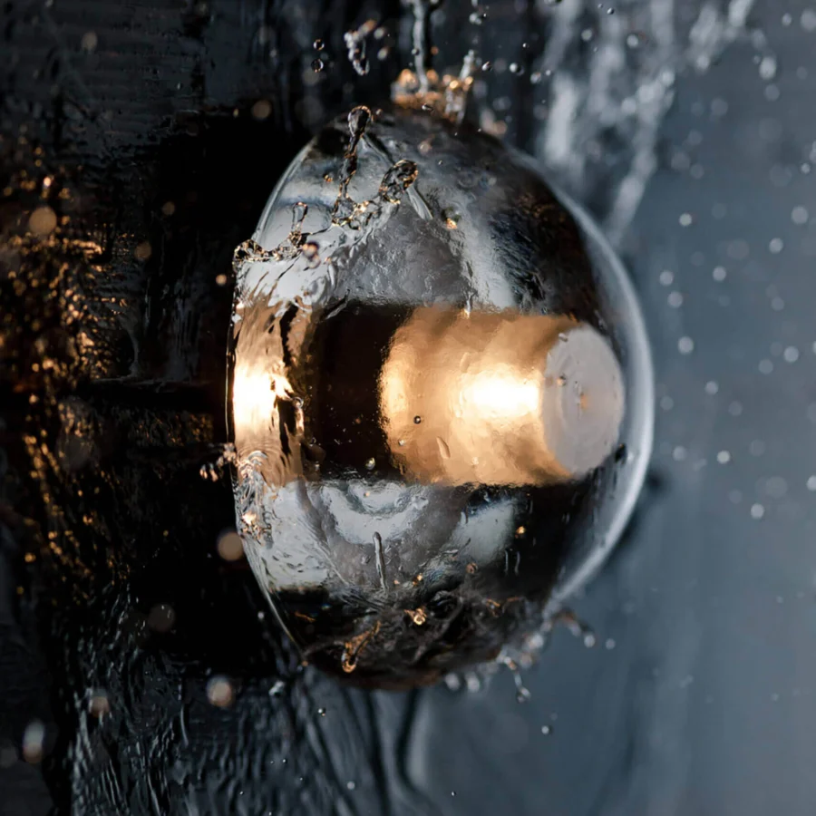 Exclusive Bocci 14 Surface Mount wall lamp with cast glass half-sphere and frosted cylindrical void in gold finish