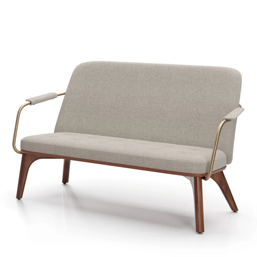 Sofa by Stellar Works featuring light gray textured fabric upholstery, solid wood base, and polished gold metal armrest supports