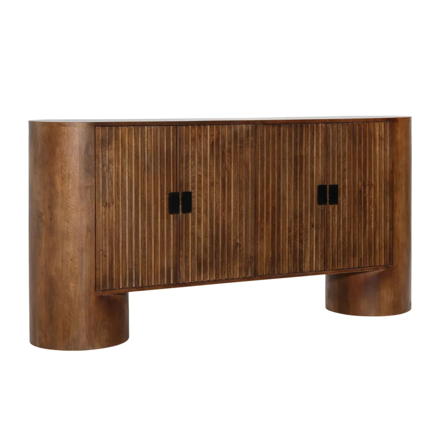 Sideboard by Dovetail Stephenson in brown mango wood with semi gloss finish vertical reeded doors and cylindrical legs