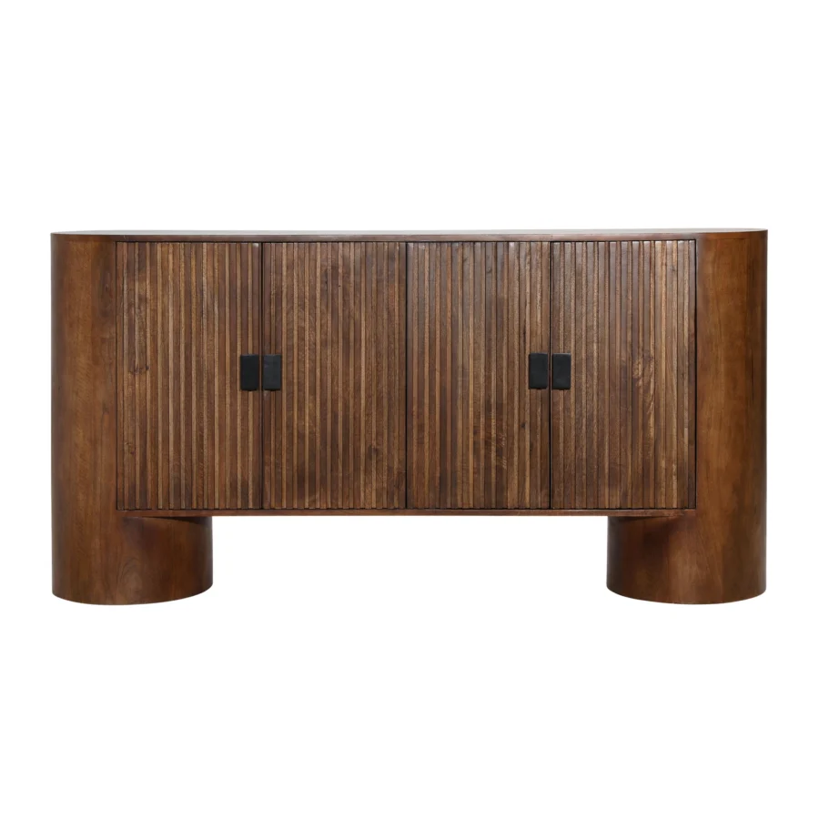 Sideboard by Dovetail Stephenson in brown mango wood with polished finish, vertical fluted detailing and black hardware