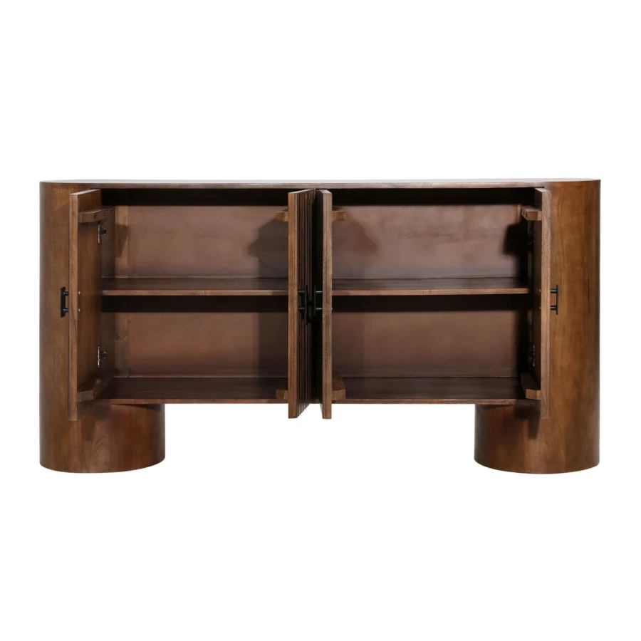 Sideboard by Dovetail Stephenson in brown mango wood featuring a semi-matte finish and reeded front doors