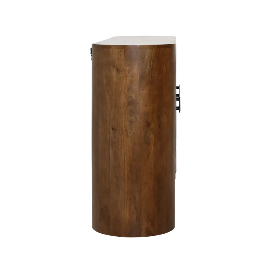Sideboard by Dovetail Stephenson in brown mango wood with semi-gloss finish, curved reeded front, dark metal hardware