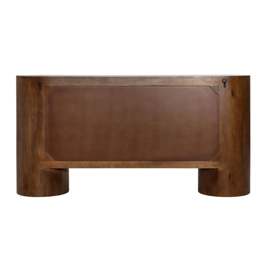 Sideboard by Dovetail Stephenson in brown mango wood with satin finish, four reeded doors and black metal hardware accents