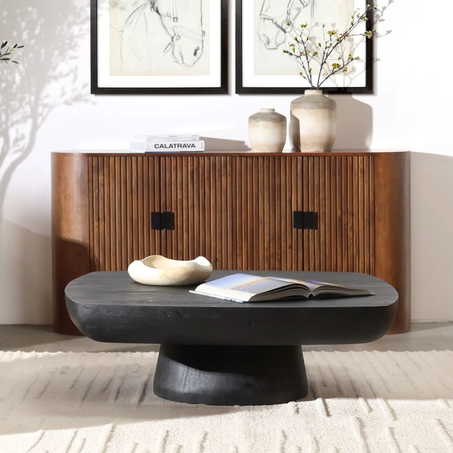 Sideboard by Dovetail Stephenson crafted from brown mango wood with a polished finish, vertical reeded texture, rounded ends