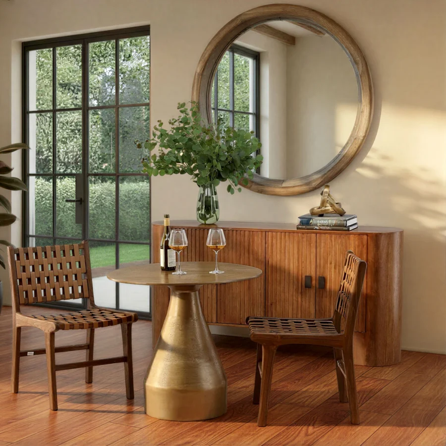 Sideboard by Dovetail Stephenson in brown mango wood with polished finish, four doors, reeded detailing and cylinder legs