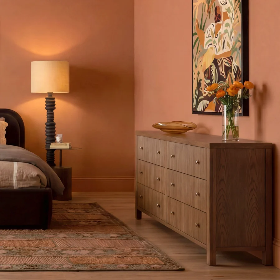 Dresser by Dovetail in rubber wood and oak veneer with medium-brown finish vertical reeded detailing knobs