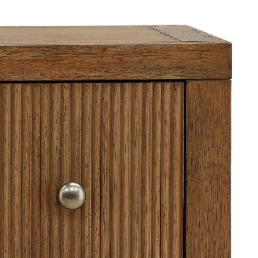Dresser by Dovetail in rubber wood and oak veneer, featuring a medium-brown finish, reeded drawer fronts, and silver-tone knobs
