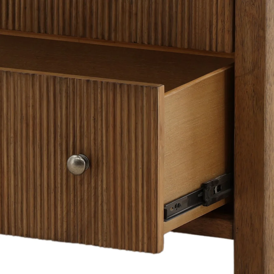 Dresser by Dovetail Torrance in rubber wood and oak veneer with dark brown finish, reeded drawer fronts and silver knobs