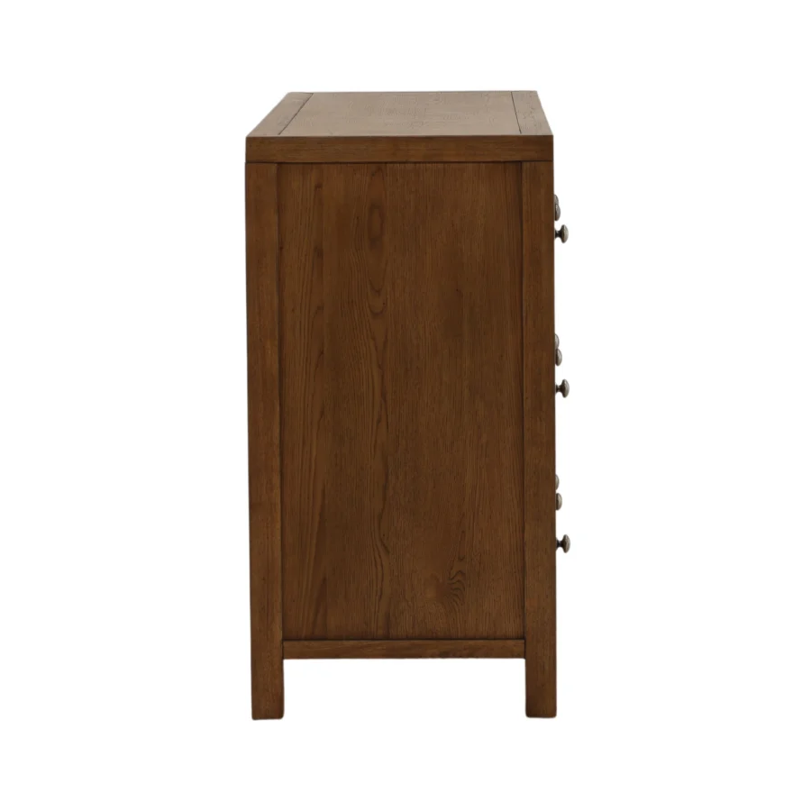 Dresser by Dovetail Torrance in rubber wood and oak veneer with dark brown finish, six drawers and vertical reeded detail