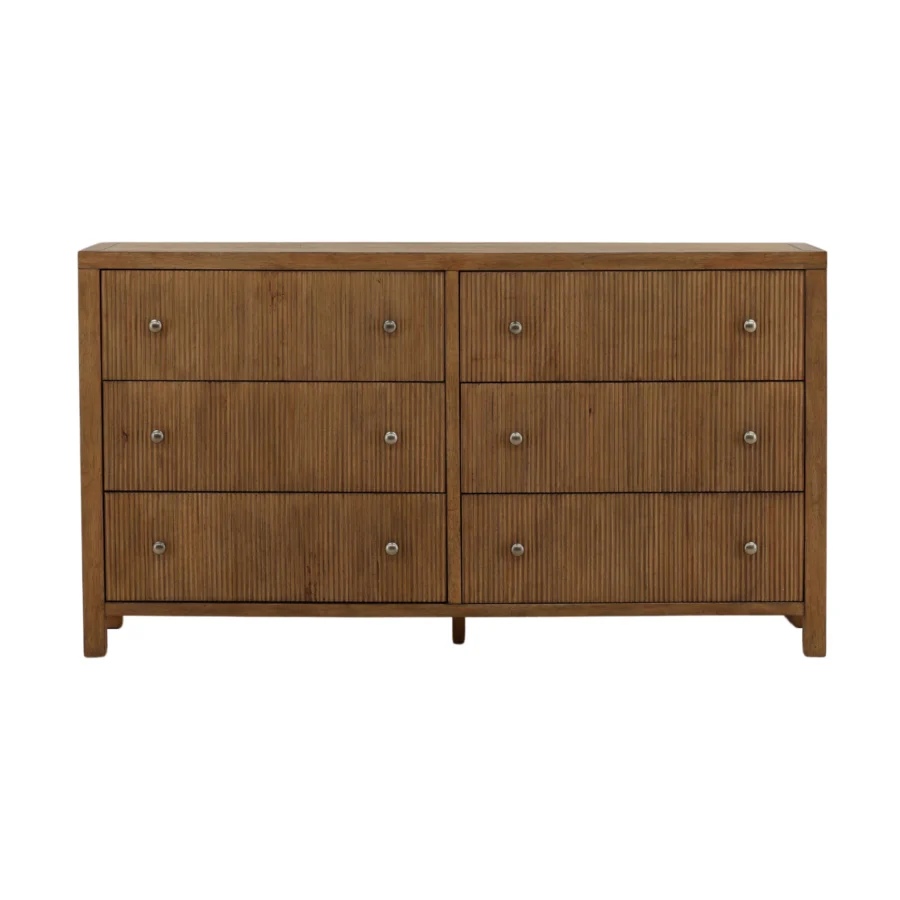Dresser by Dovetail Torrance in rubber wood and oak veneer with dark brown finish, six drawers and vertical reeded fronts
