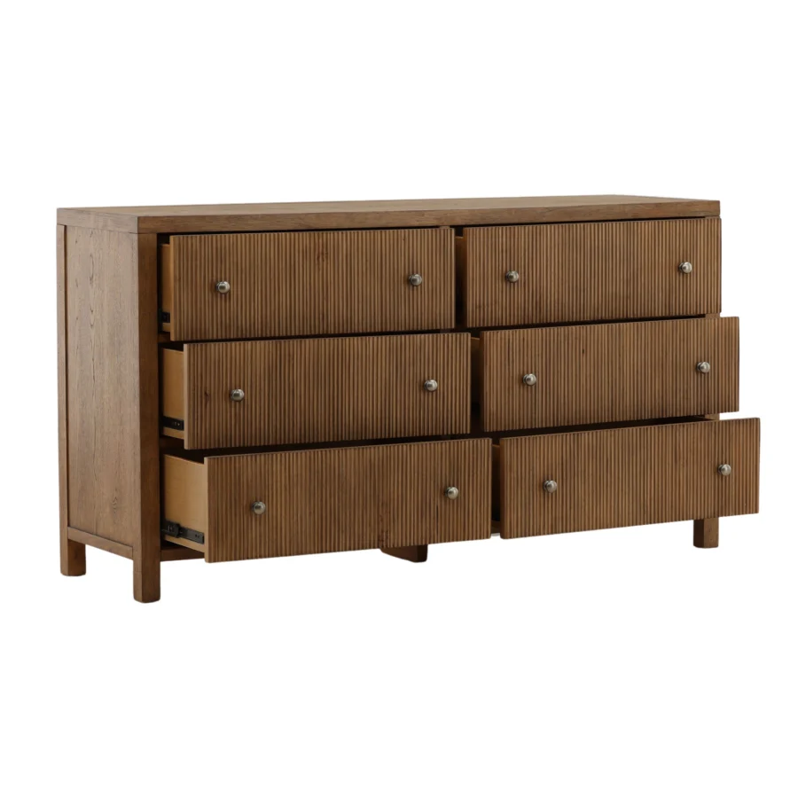 Dresser by Dovetail in rubber wood and oak veneer with dark brown finish, featuring six drawers and silver knobs