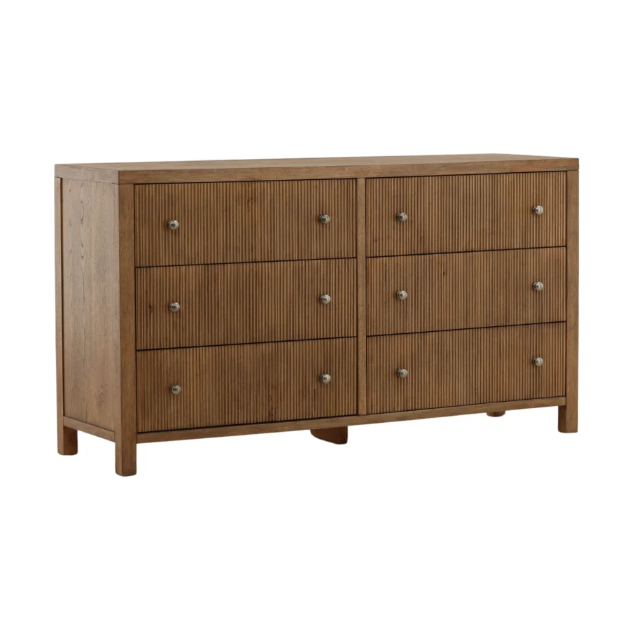 Dresser by Dovetail in rubber wood and oak veneer with dark brown finish, six drawers, reeded fronts and silver hardware