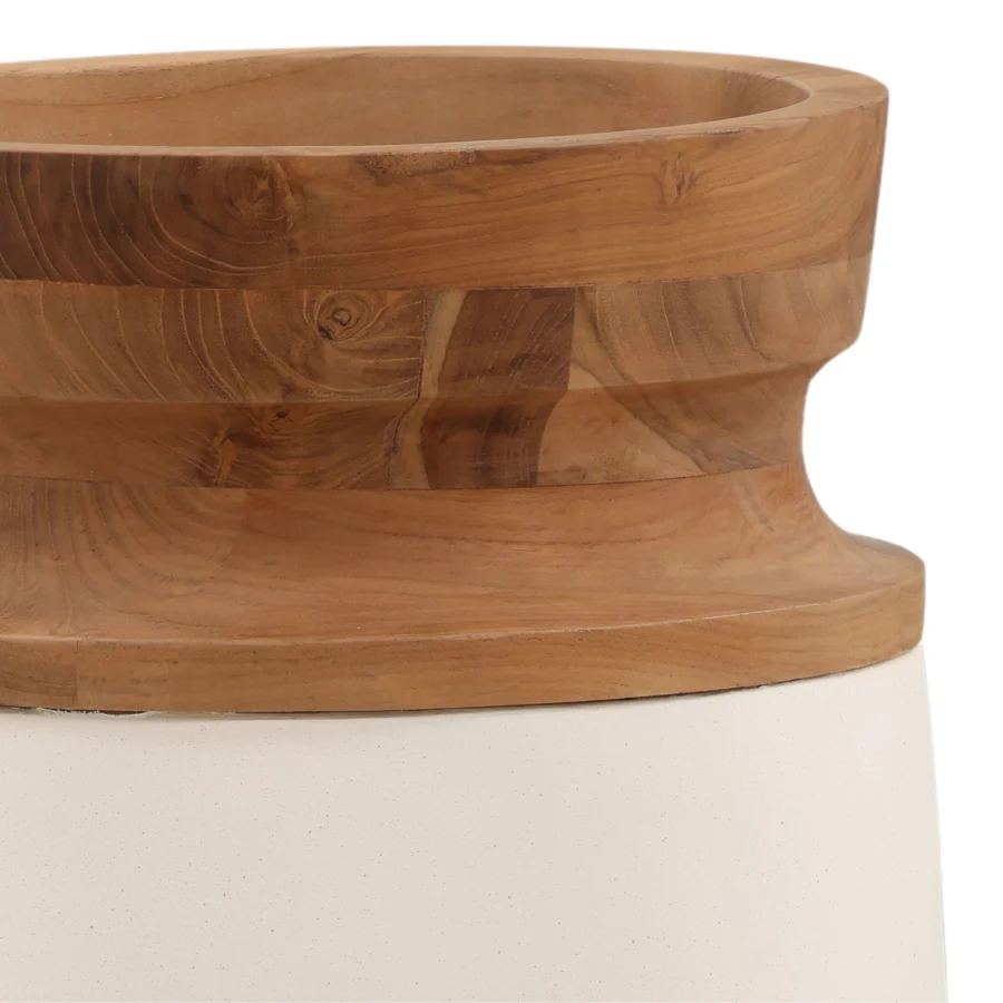 Pot by Dovetail in white fiber cement with matte texture and natural teak wood base including a smooth upper collar…