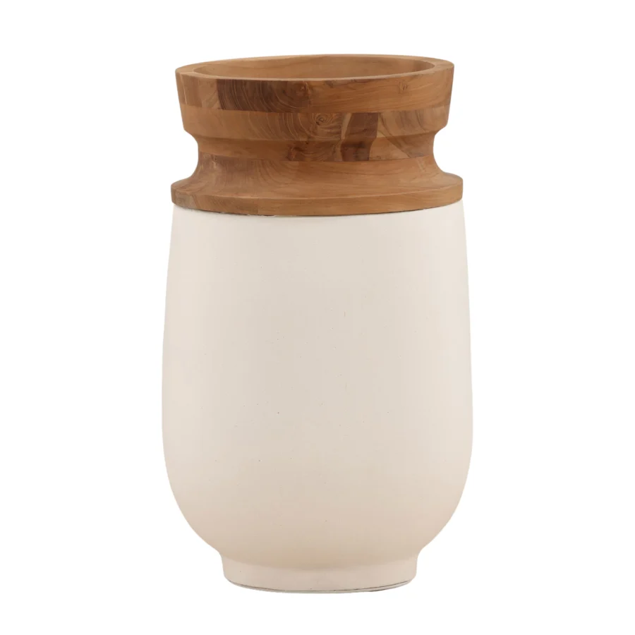 Pot by Dovetail Nina with a matte white fiber cement body and a natural teak wood collar in a cylindrical…