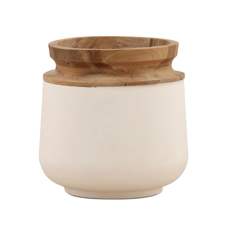 Pot by Dovetail Nina featuring a white fiber cement body having a matte finish and a natural teak wood base