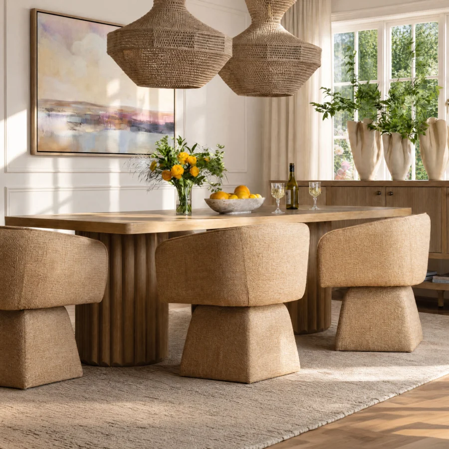 Armchair by Dovetail Jonie in beige polyester basketweave upholstery with a tapered pedestal base and swivel function