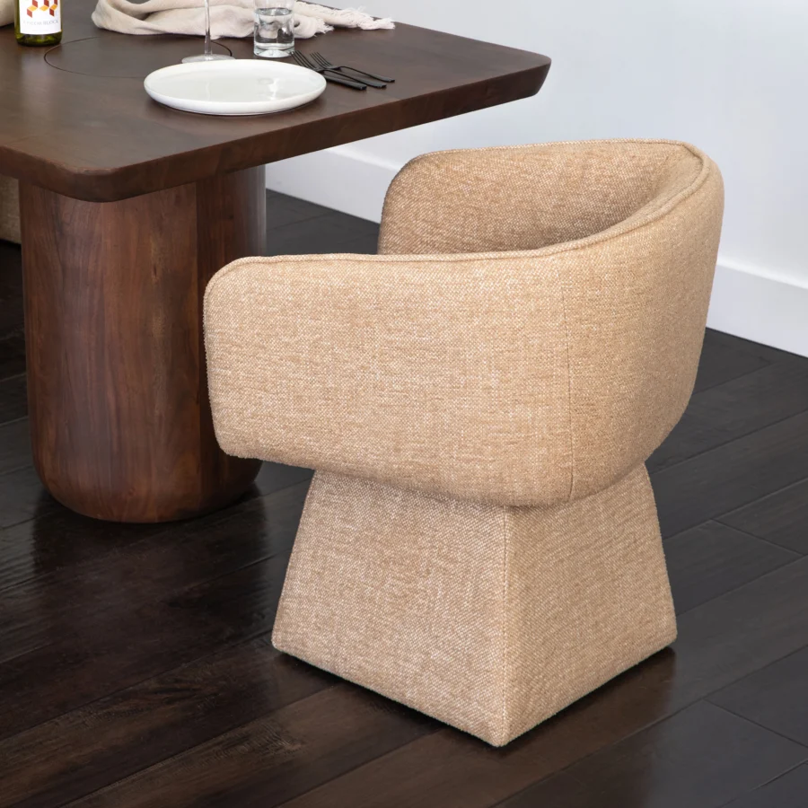 Armchair by Dovetail Jonie in light tan polyester basketweave upholstery with a swivel pedestal base