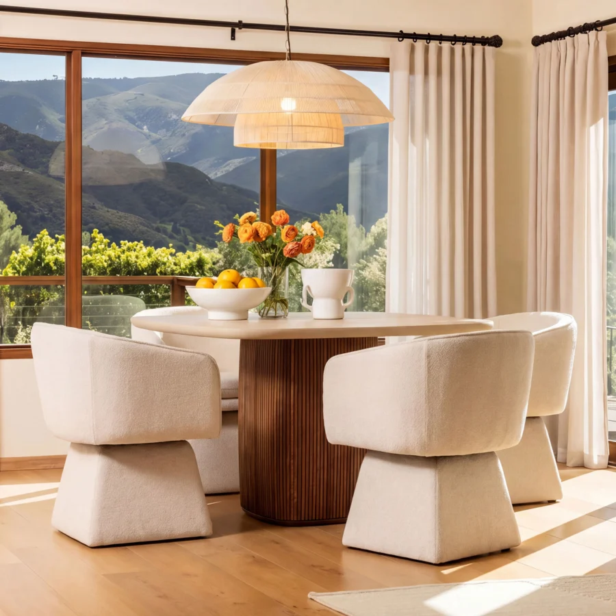 Dining armchair by Dovetail Jonie in off-white cream polyester basketweave upholstery with rotating swivel pedestal base