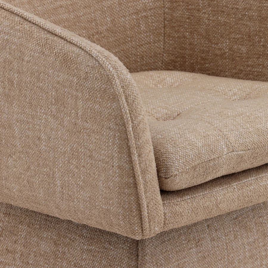 Armchair by Dovetail in warm beige polyester basketweave fabric with a swivel base tufted cushion and piped seam details