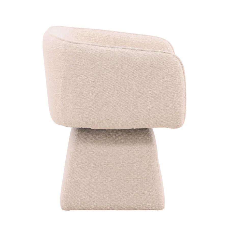 Armchair by Dovetail in light beige polyester fabric, featuring a sculpted bucket seat and rotating swivel pedestal base