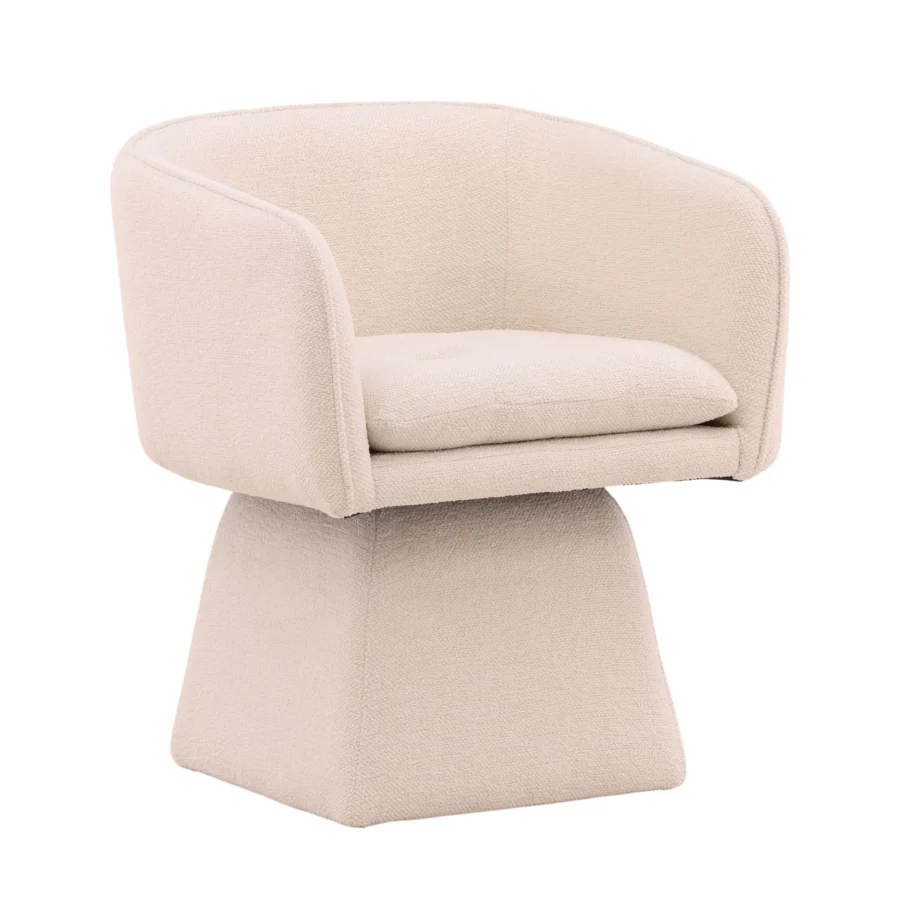 Armchair by Dovetail Jonie in cream polyester basketweave fabric with barrel silhouette and rotating swivel pedestal base