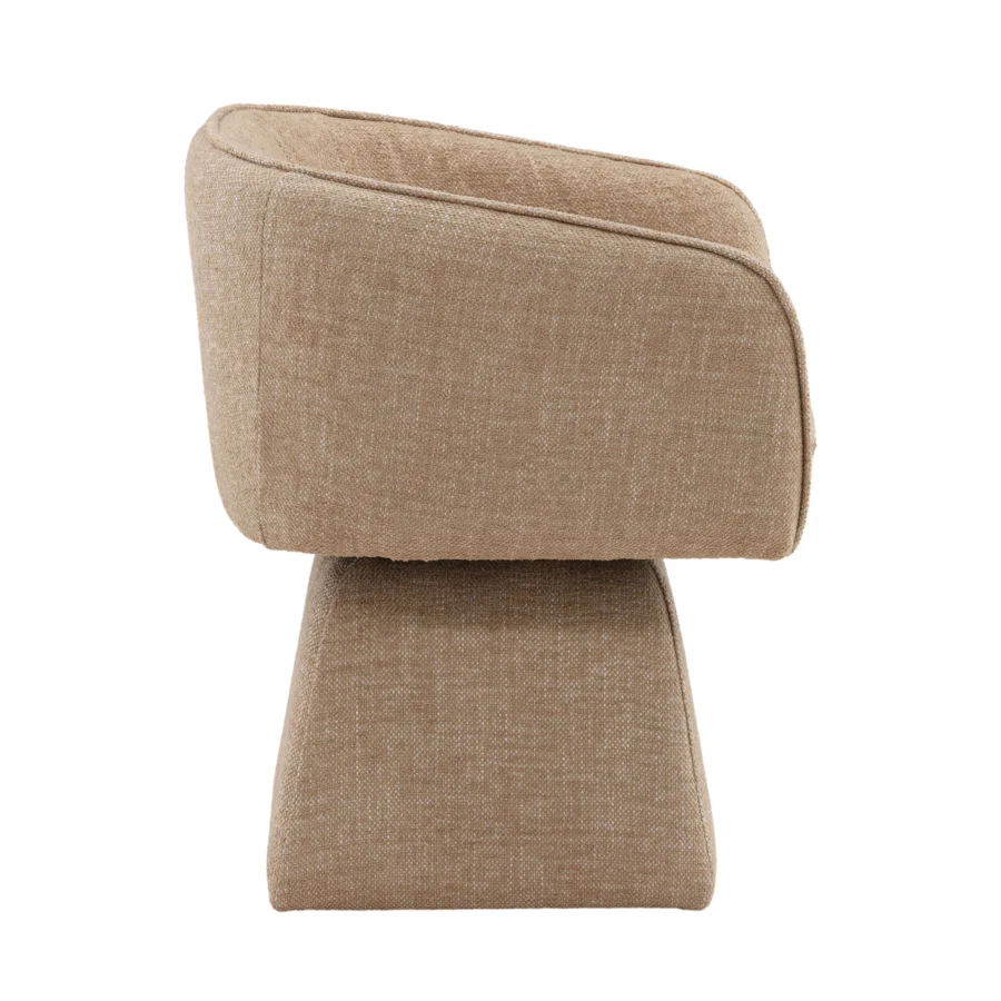 Armchair by Dovetail Jonie in beige polyester basketweave upholstery with a rotating tapered pedestal base and backrest