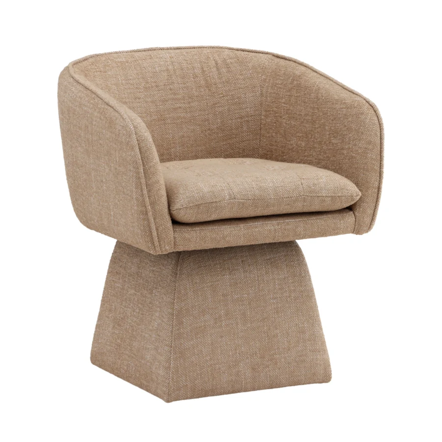 Dining armchair by Dovetail Jonie in beige basketweave polyester upholstery with swivel function and tapered pedestal base