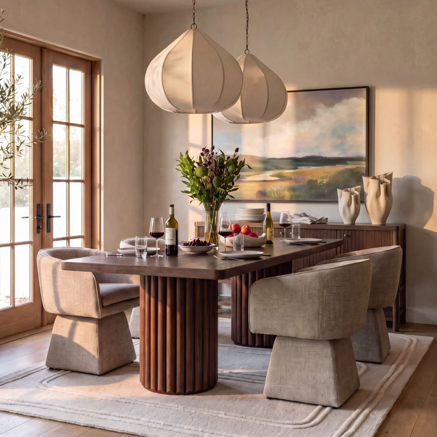 Armchair by Dovetail Jonie in light-beige polyester basketweave upholstery with swivel function and tapered pedestal base
