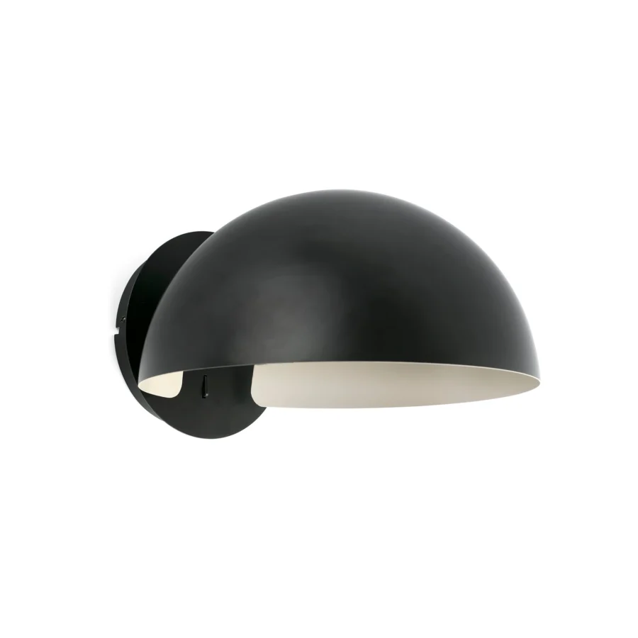 Wall lamp by Faro Barcelona in black steel with white interior and hemispherical shade mounted on circular plate