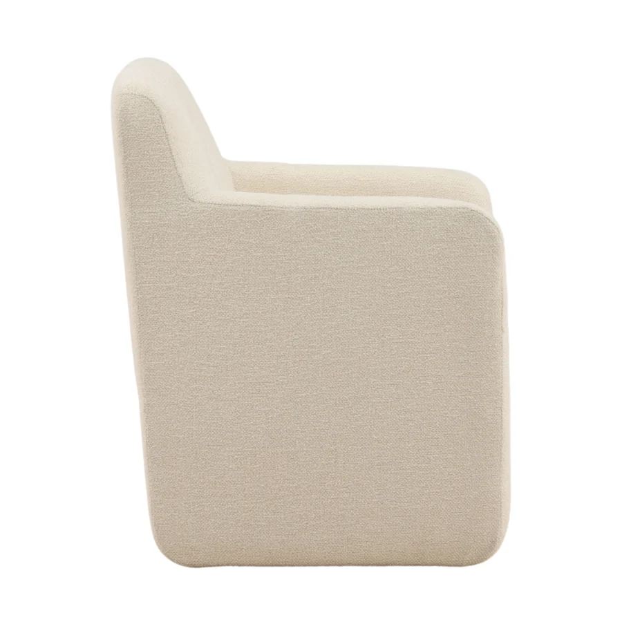 Armchair by Dovetail in cream polyester upholstery with basketweave finish, boxy silhouette plus button tufted backrest