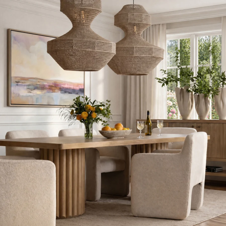 Dining armchair by Dovetail Pippy in light beige woven polyester performance fabric with button tufted barrel backrest