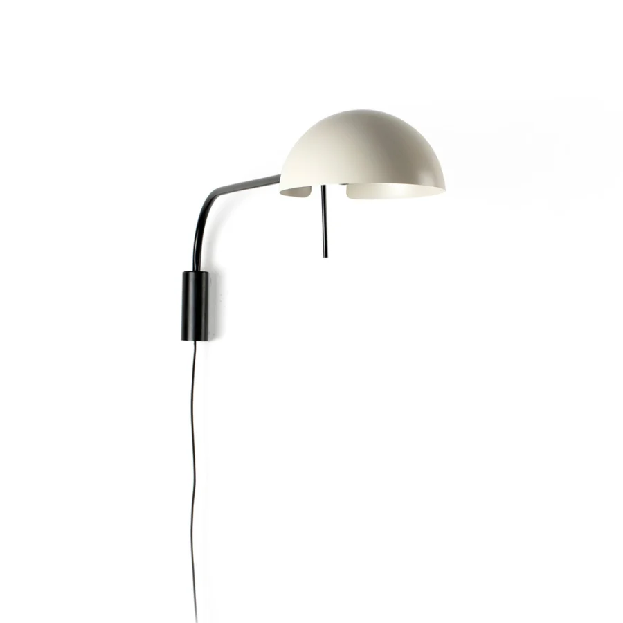 Wall lamp by Faro Barcelona with steel structure in matte black finish and an off-white hemispherical shade plus pull-rod