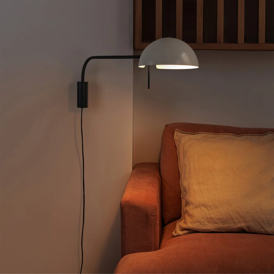 Wall lamp by Faro Barcelona Dominica XL in steel with matte black base and tubular arm plus an off-white dome…