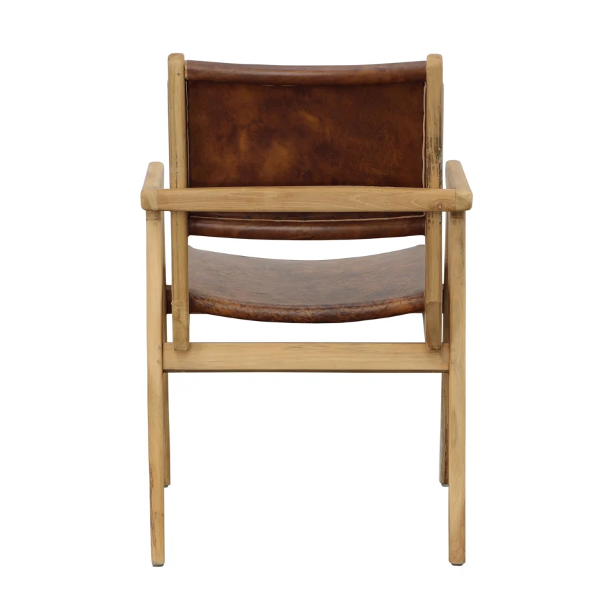 Armchair by Dovetail Oaklynn in teak wood with matte finish and medium brown genuine leather sling seat and backrest