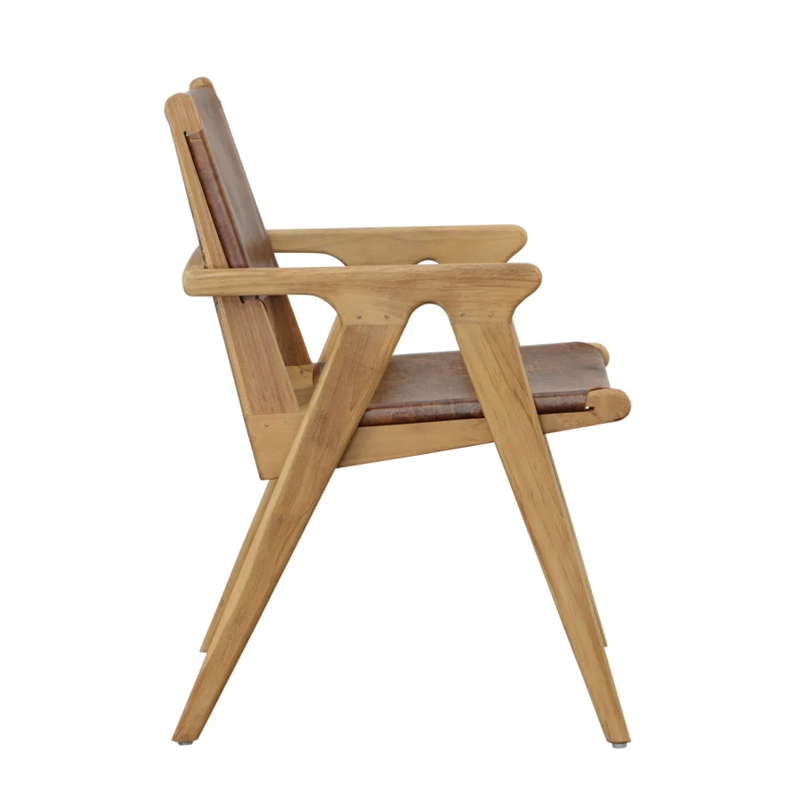 Armchair by Dovetail Oaklynn in teak wood with natural matte finish plus antique brown genuine leather seat and backrest
