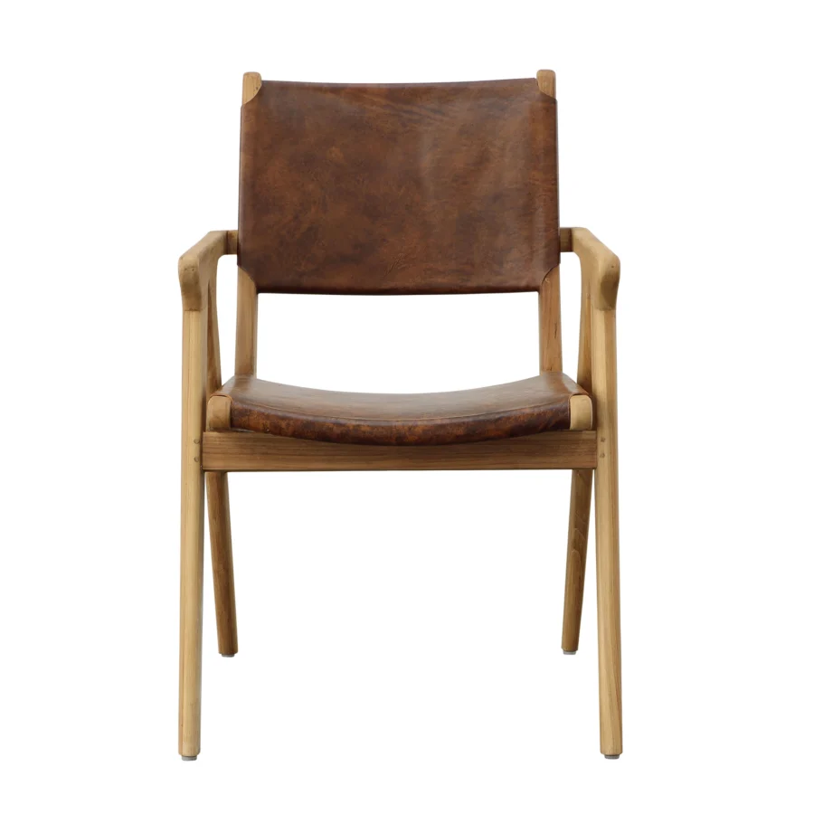 Armchair by Dovetail in natural teak wood and medium brown leather, featuring an angular silhouette with curved arms