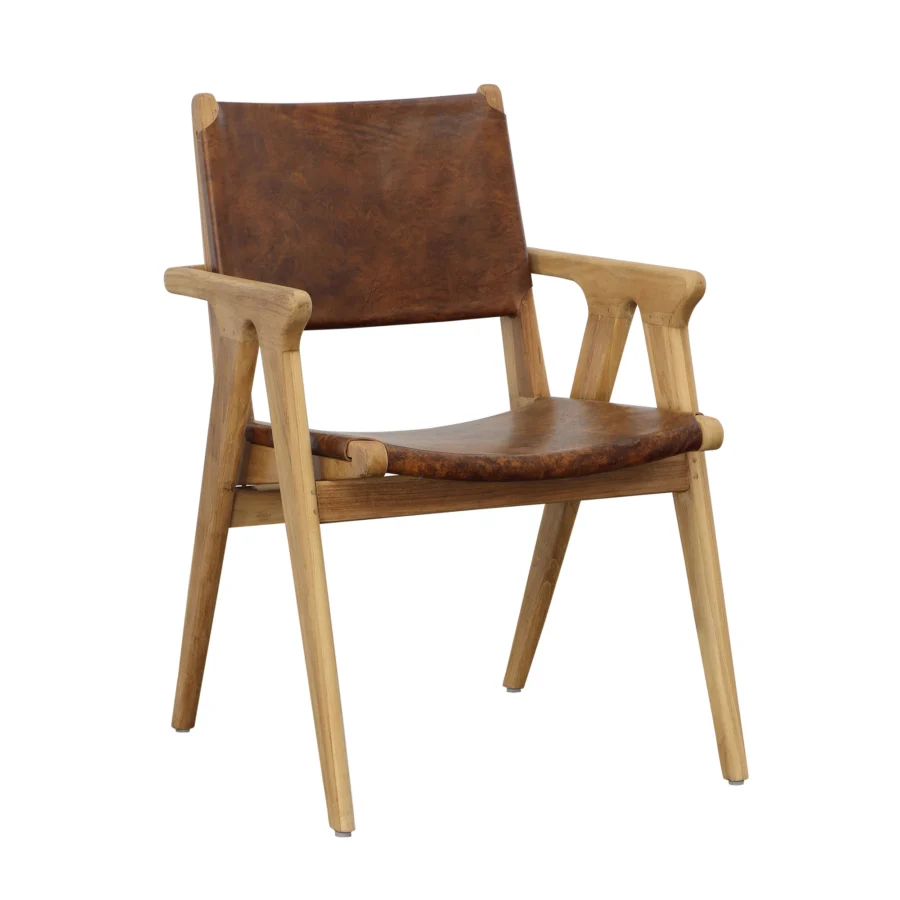 Armchair by Dovetail in teak wood with matte finish and antique brown genuine leather seat, showcasing angular framework