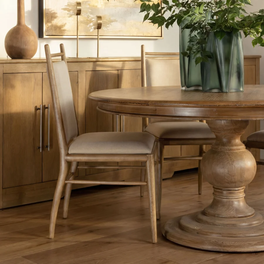 Dining chair by Dovetail featuring dark brown rubber wood frame and light beige fabric upholstery