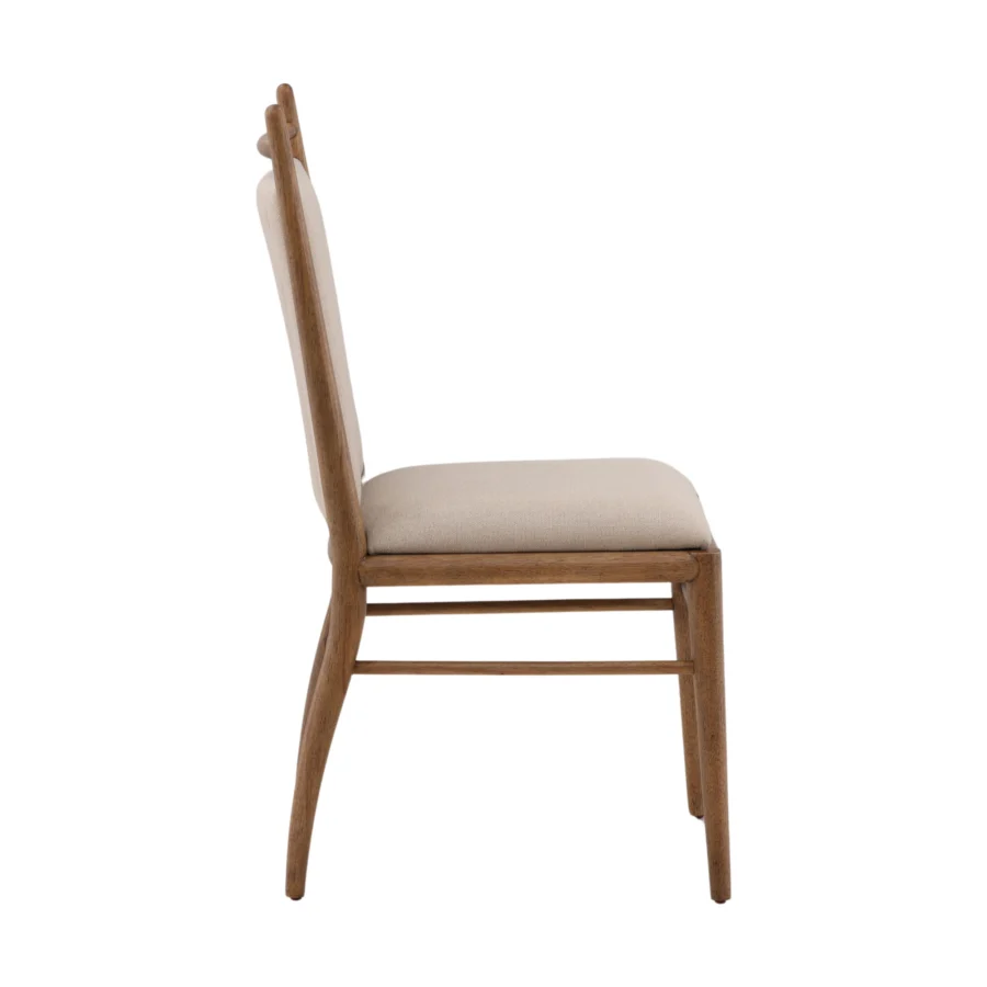 Dining chair by Dovetail in beige basketweave fabric upholstery with dark brown rubber wood frame and satin finish