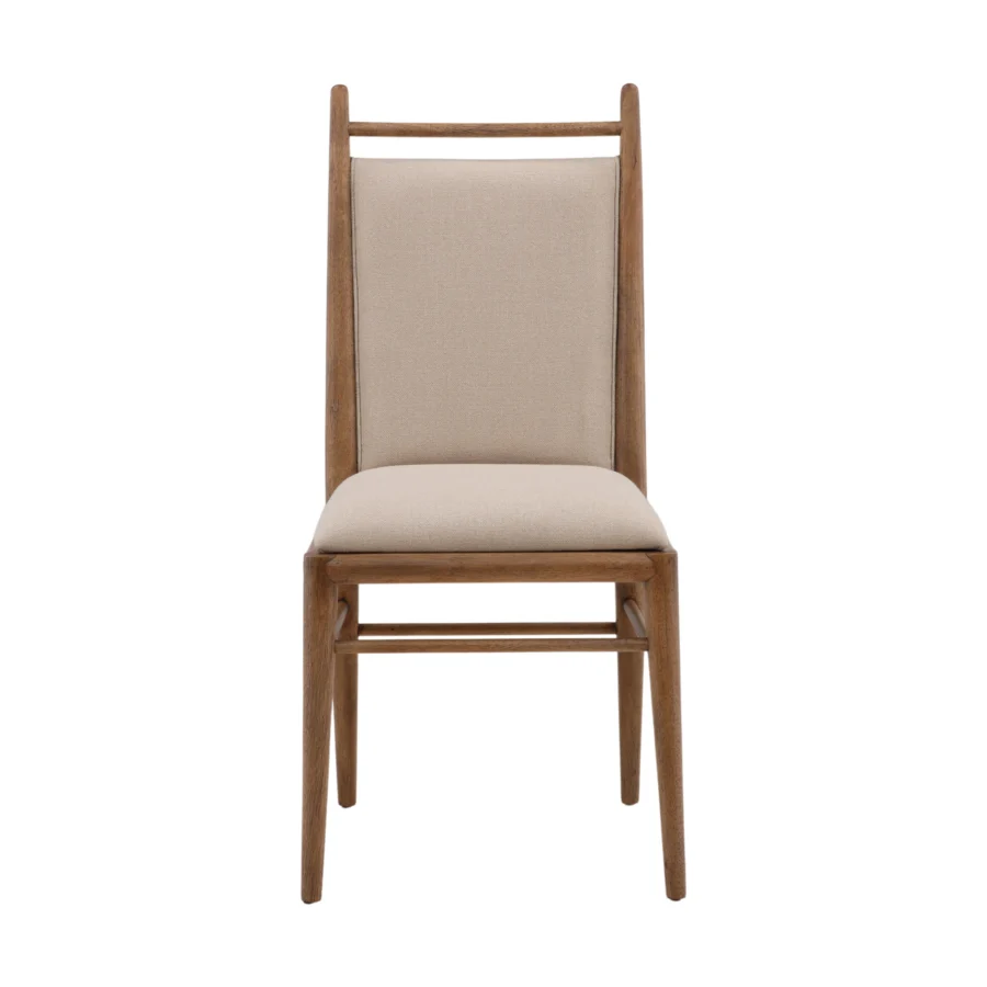 Dining chair by Dovetail Reuben in beige basketweave fabric with dark brown rubber wood frame and matte finish