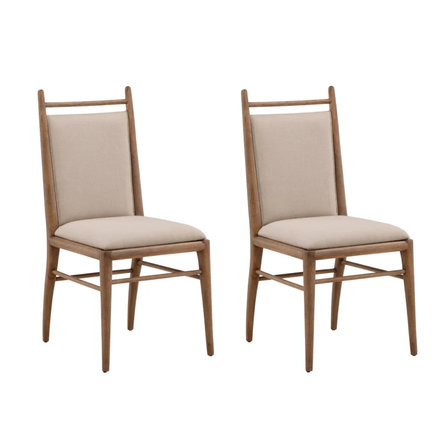 Dining chair by Dovetail Reuben in beige basketweave fabric, rubber wood frame