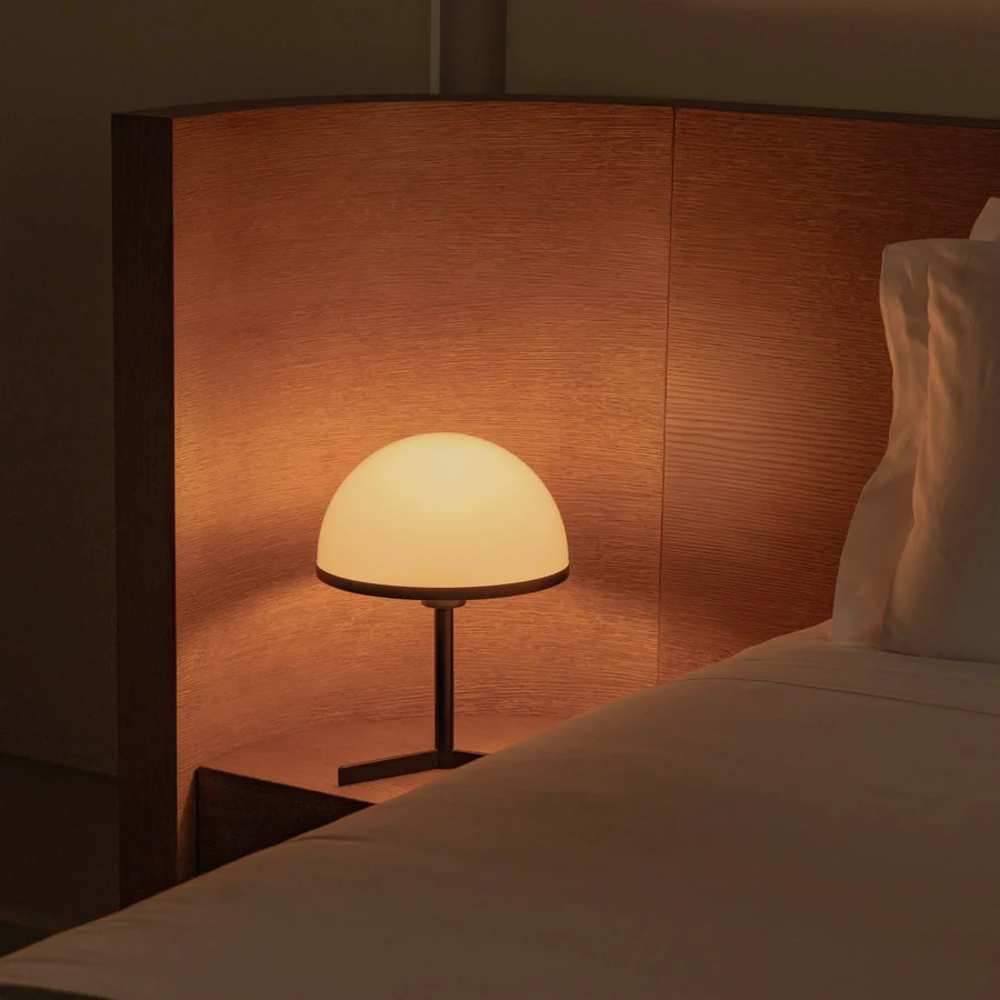 Lamp by Faro Barcelona in glass and dark metal featuring a smooth hemispherical shade and matte stem