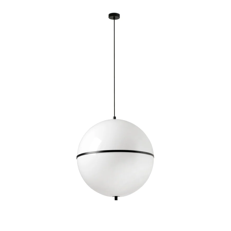 Suspension lamp by Faro Barcelona in white glass with black metal components, featuring a glossy finish and opaline shade