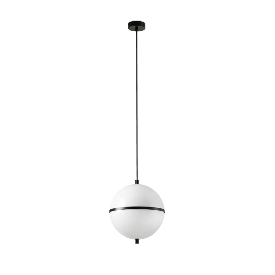 Suspension lamp by Faro Barcelona with spherical translucent white glass diffuser and matte black metal frame assembly