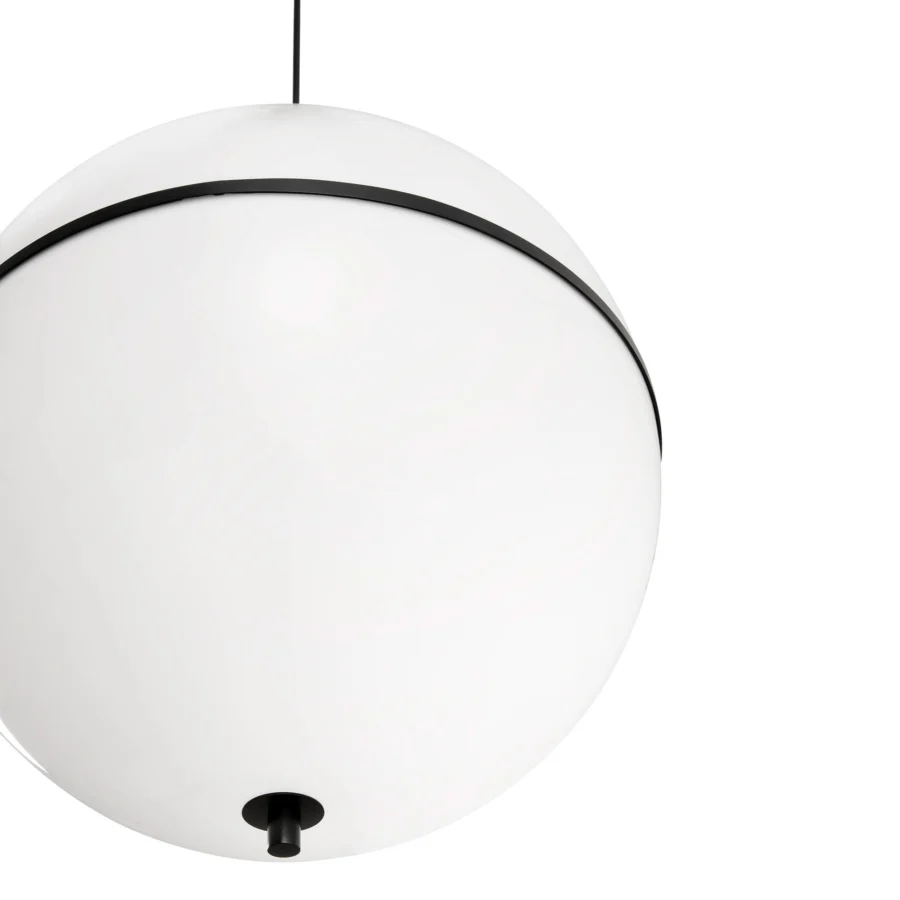 Suspension lamp by Faro Barcelona featuring a spherical glass shade in white satin finish and black metal band hung via…