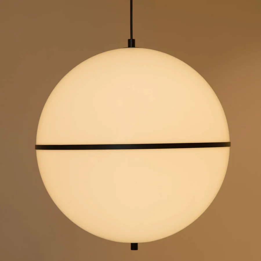 Suspension lamp by Faro Barcelona featuring opaline diffuser in matte white with dark metal band and mounting hardware