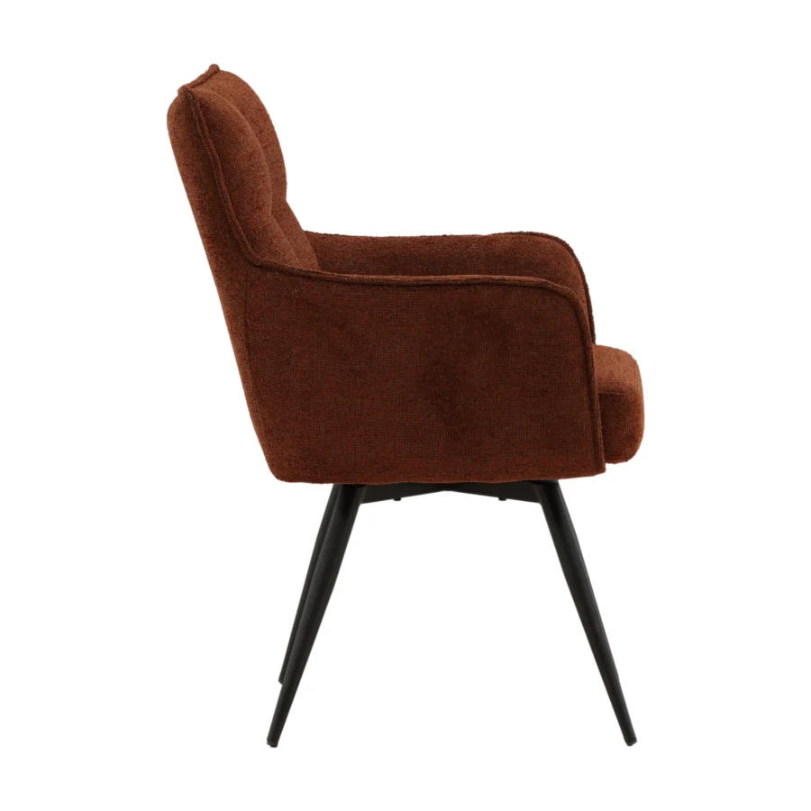 Armchair by Dovetail Adelise in terracotta brown chenille upholstery, featuring vertical channels, swivel seat, and matte black steel legs